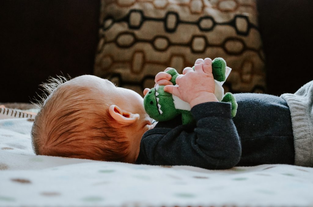 Un bébé avec une peluche de dinosaure